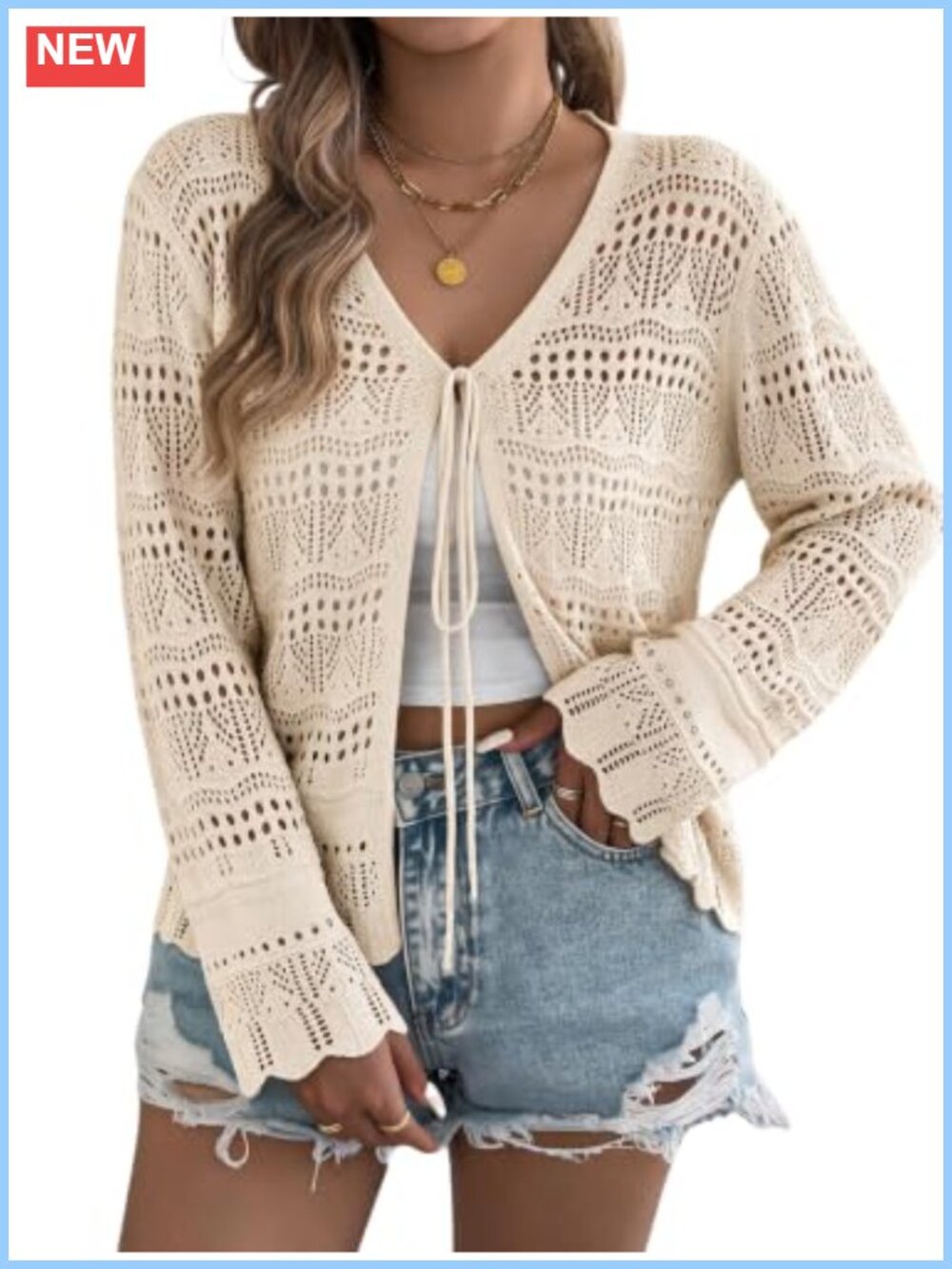Crochet Cardigan Tie Front Kimono Shrug Cover-Up